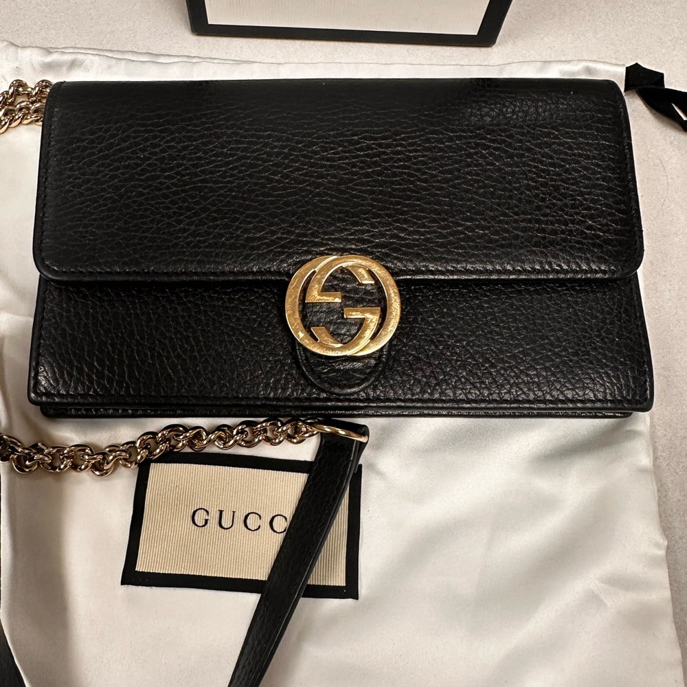 Gucci Interlocking Chain Wallet Black Leather Cross Body Bag - Picture 14 of 16